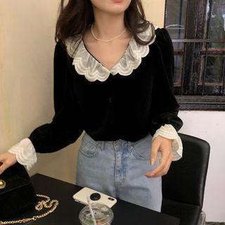 Long-sleeve Scalloped Lace Trim Velvet Blouse Black - One Size
