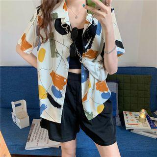 Short-sleeve Print Shirt / High-waist Wide-leg Shorts