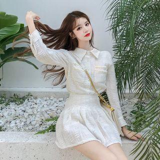 Faux-pearl Long-sleeve Shirt / Pleated Skirt