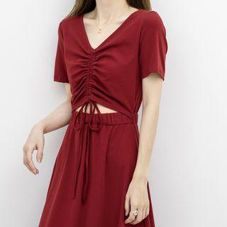 Short-sleeve Drawstring Cutout Midi A-line Dress