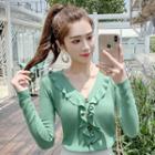 Long-sleeve Ruffle Trim Plain Knit Cardigan