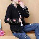 Flower Embroidered Snap Button Baseball Jacket