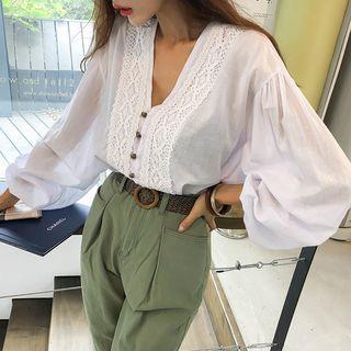 Balloon-sleeve Lace-panel Blouse Ivory - One Size