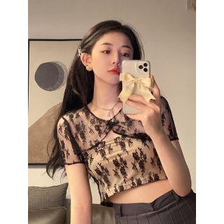 Set: Short-sleeve Cropped Lace Top + Lace Bandeau