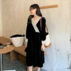 Puff-sleeve Lace Trim Midi A-line Dress Black - One Size