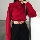 Butterfly Embroidered Half-zip Cropped Sweatshirt Red - One Size