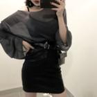 Set: Long-sleeve Mesh Top + Camisole Set Of 2 - Black - One Size