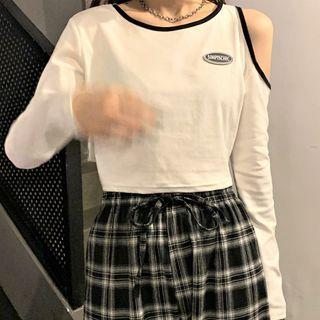 Long-sleeve Lettering Cold-shoulder Crop Top