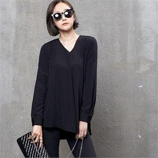 V-neck Bishop-sleeve Crepe Blouse