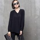 V-neck Bishop-sleeve Crepe Blouse