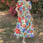Short-sleeve Floral Midi A-line Dress Red & Blue & Green - One Size