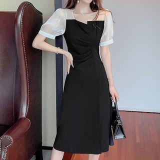 Puff-sleeve Side-slit A-line Dress / Midi A-line Dress
