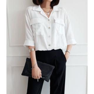 3/4-sleeve Pocket-detail Cotton Jacket