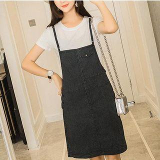 Set: Plain Short Sleeve T-shirt + Pinstriped Pinafore Dress