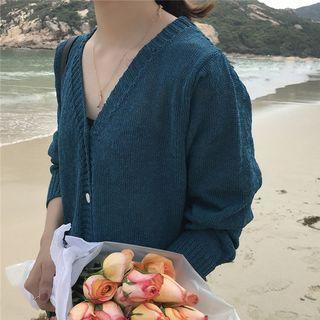 Long-sleeve V Neck Plain Knit Cardigan