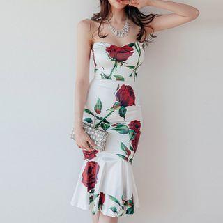 Strapless Floral Midi Mermaid Dress