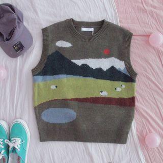 Mountain Print Sweater Vest Army Green - One Size
