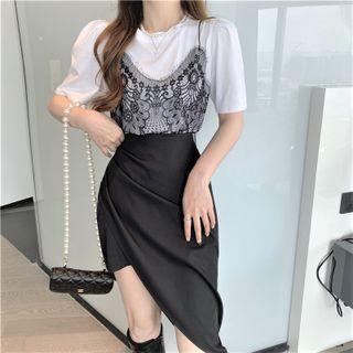 Mock Two-piece Short-sleeve Top / Asymmetric Skirt