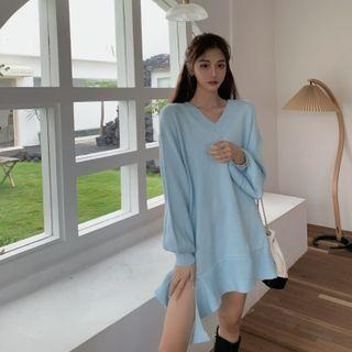 V-neck Ruffle Hem Mini Sweater Dress