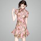 Ruffle Hem Printed Short-sleeve Qipao