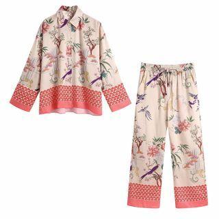 Long-sleeve Print Shirt / Wide-leg Pants