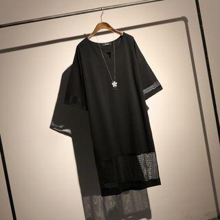 Elbow-sleeve Mesh T-shirt Dress Black - One Size