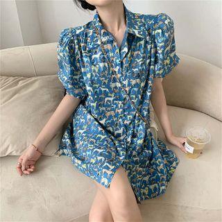 Puff-sleeve Dog Print Shirt Blue - One Size