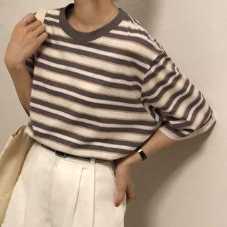 Short-sleeve Striped T-shirt Gray - One Size