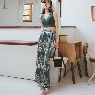 Set: V-neck Swim Top + Bottom + Flower Print Wide-leg Pants