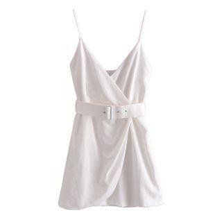 Spaghetti Strap Belted A-line Dress
