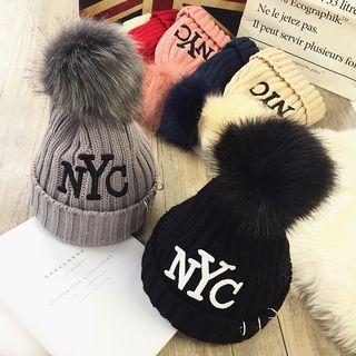 Pompom Letter Embroidered Beanie