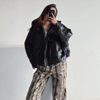 Fleece-collar Faux-leather Loose-fit Jacket