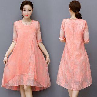 Elbow-sleeve Midi A-line Dress