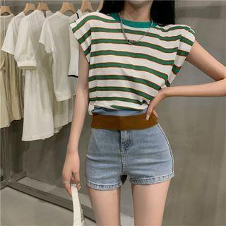 Denim Shorts / Cap-sleeve Striped Top