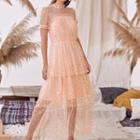 Star Print Short-sleeve Mesh Layered Maxi A-line Dress