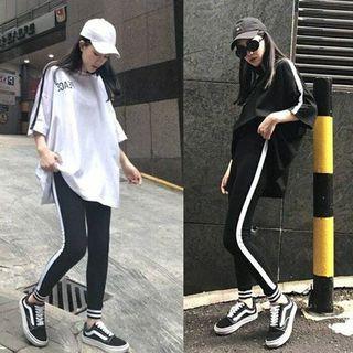 Set: Lettering Elbow-sleeve T-shirt + Striped Leggings