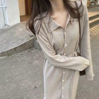 Tie-waist Button Midi A-line Knit Dress