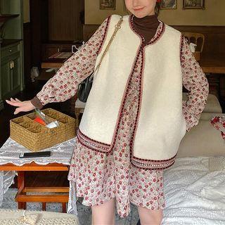 Long-sleeve Floral Print Mini A-line Dress / Fleece Vest
