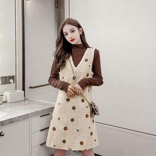 Set: Plain Long-sleeve T-shirt + Dotted Pinafore Dress