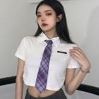 Short-sleeve Lapel Cropped Shirt With Necktie