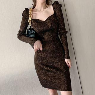 Puff-sleeve Glitter Midi Knit Sheath Dress