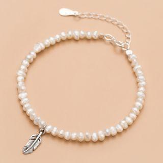 Faux Pearl Feather Sterling Silver Bracelet S925 Silver - Bracelet - White - One Size