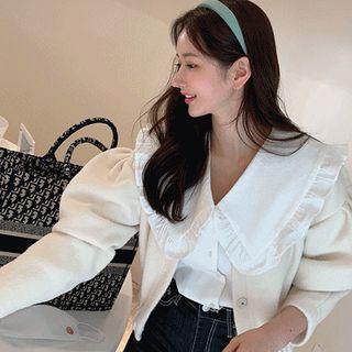 Puff-sleeve V-neck Fluffy Cardigan