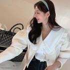Puff-sleeve V-neck Fluffy Cardigan