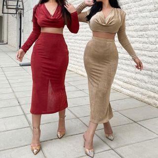 Set: Deep V-neck Long Sleeve Velvet Crop Top + Slit Skirt