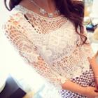 3/4-sleeve Perforated Knit Cropped Top