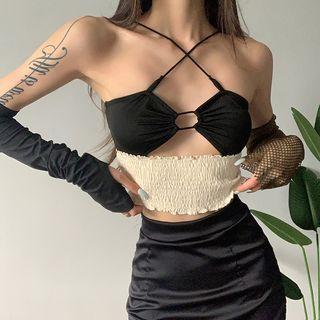 Two-tone Cut Out Cropped Camisole Top With Sleeve