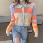 Collared Color Block Cropped Knit Cardigan Tangerine & Purple & Almond - One Size