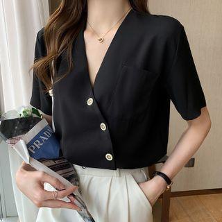 Short-sleeve V-neck Asymmetric Chiffon Blouse