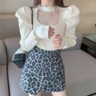 Long-sleeve Cutout Knit Top / Leopard Print Mini Fitted Skirt